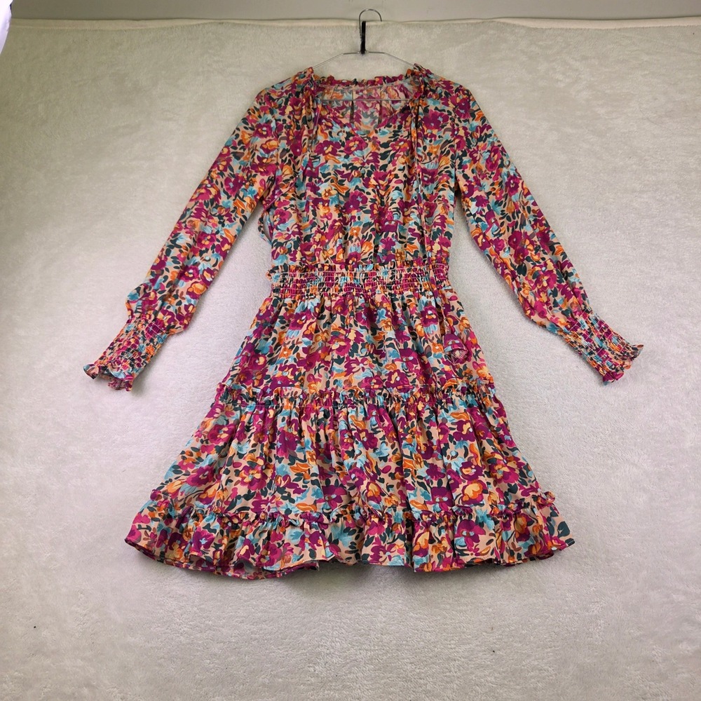 Floral Long Sleeve Smocked Waist Tiered Ruffle Mini Dress Pink Purple Orange